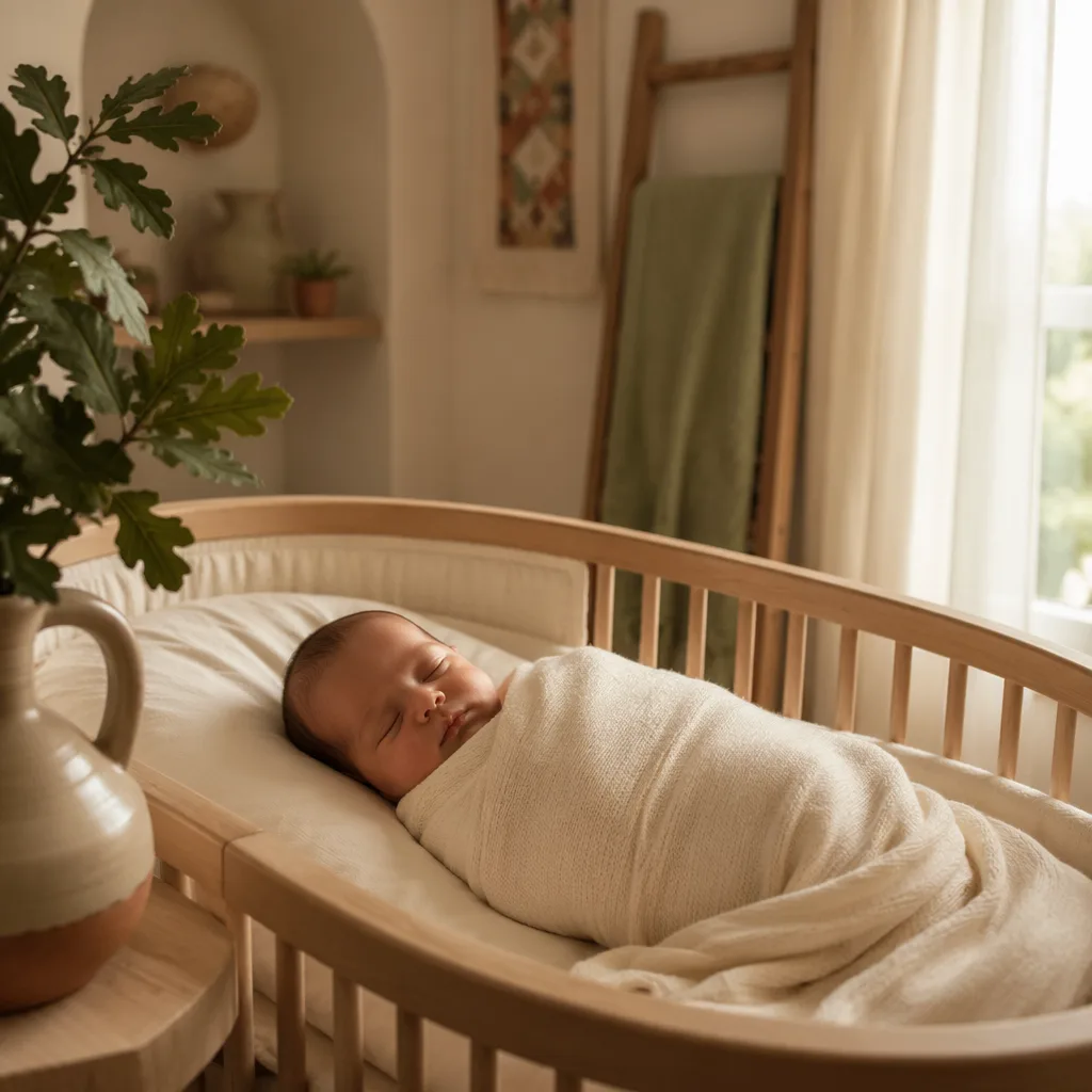 Sleeping newborn in a warm Spanish-inspired nursery with soft oak leaf details.