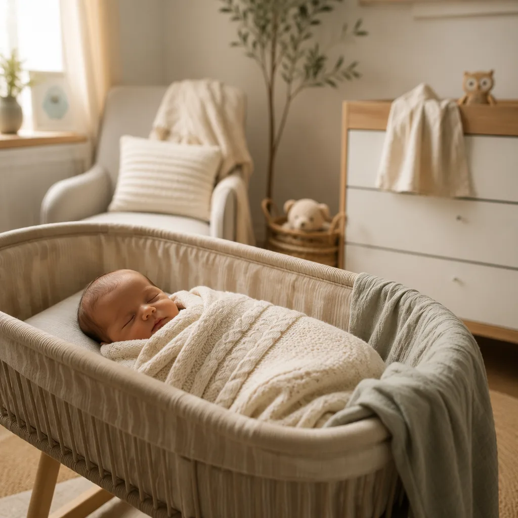 A softly lit modern nursery with a sleeping baby, cozy cream blankets, and a small wooden owl toy.