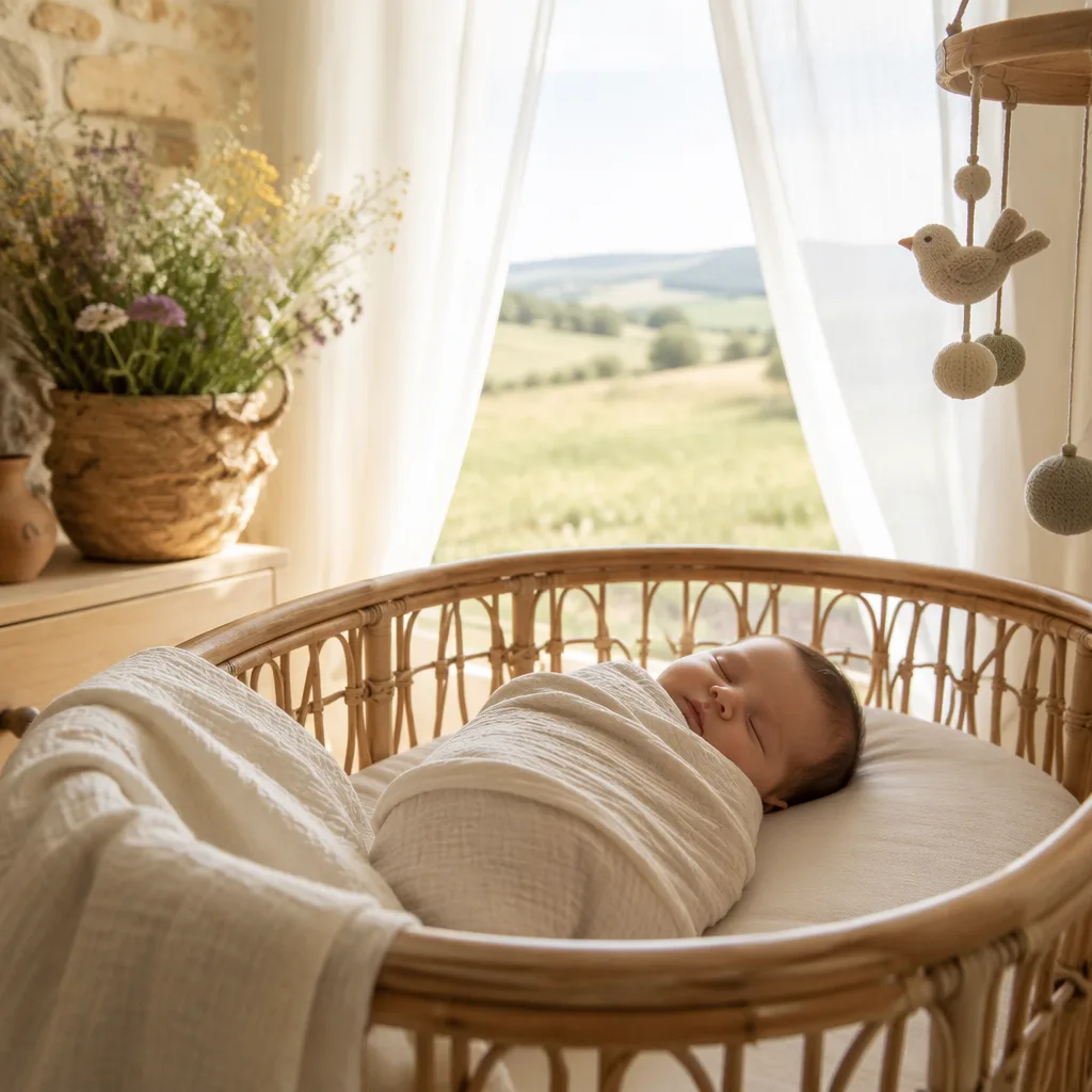 Sleeping newborn in a warm pastel nursery with Spanish countryside accents.