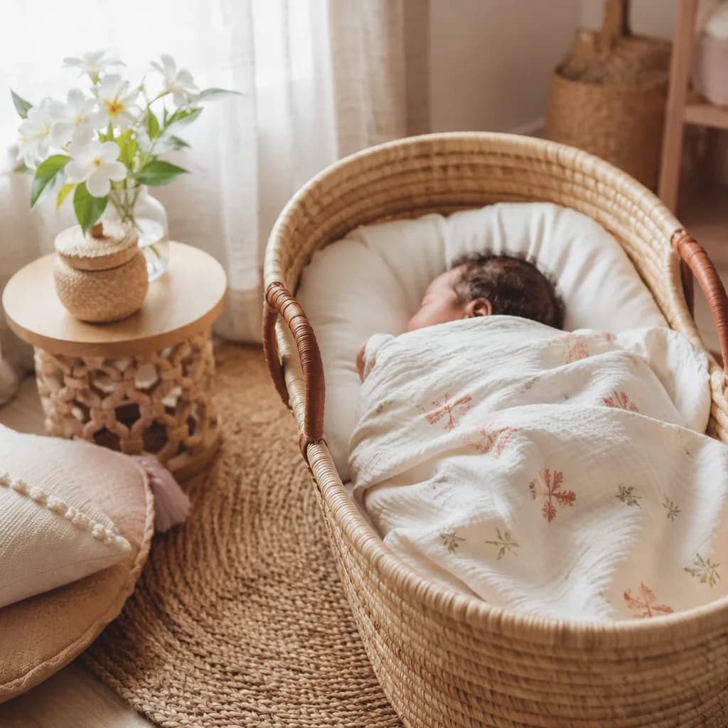 A peaceful Swahili baby in a woven bassinet with soft pastel nursery details.