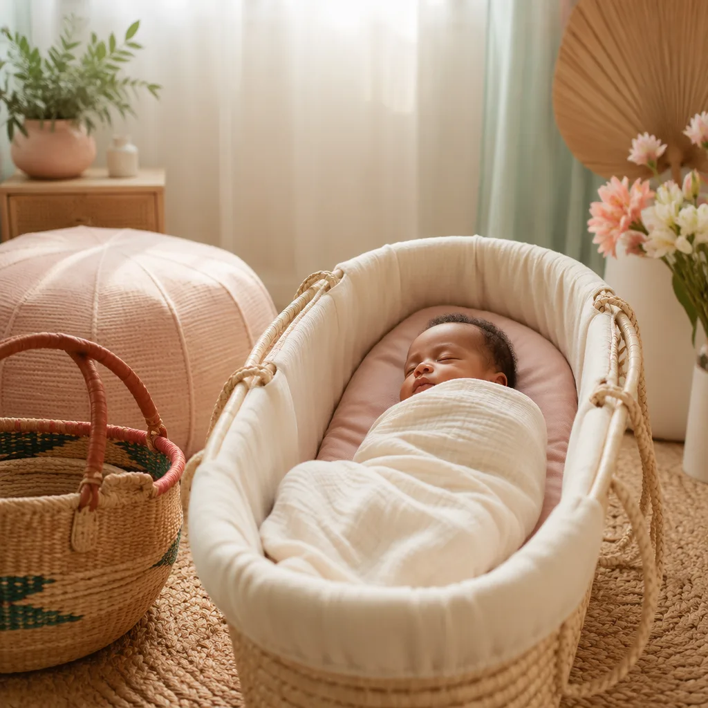 Sleeping newborn in a soft pastel nursery with woven East African coastal-inspired accents.