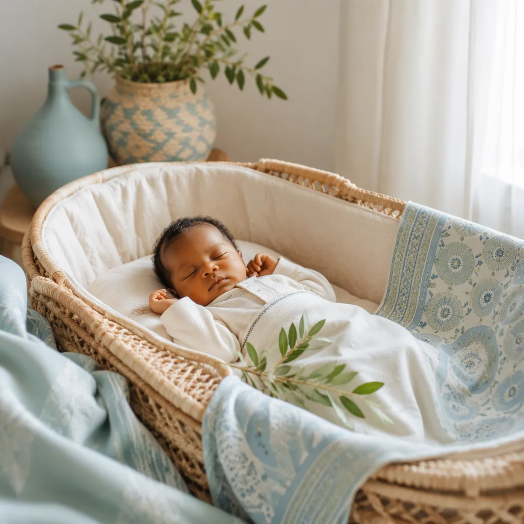 Peaceful newborn in a cozy pastel Swahili-inspired nursery with woven textures.
