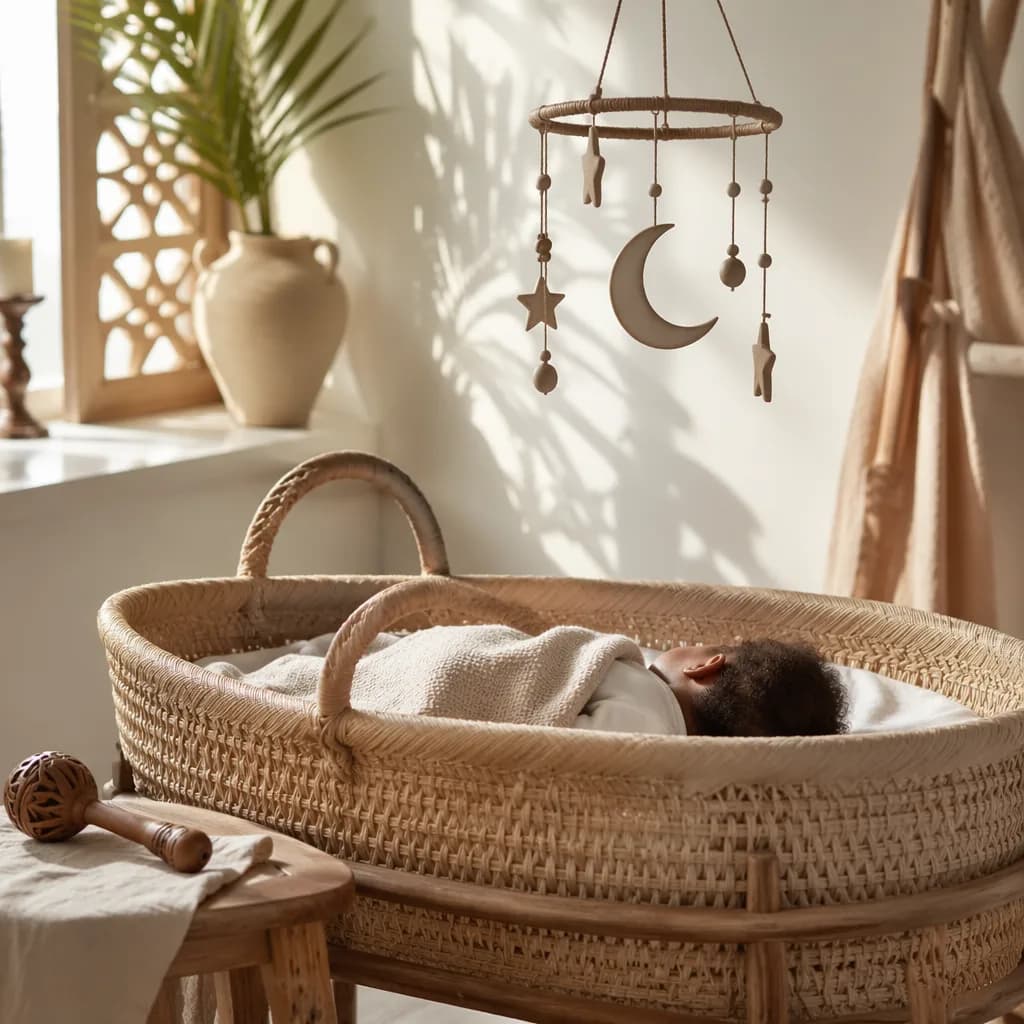 A peaceful baby in a soft pastel Swahili-inspired nursery with woven decor and gentle natural light.