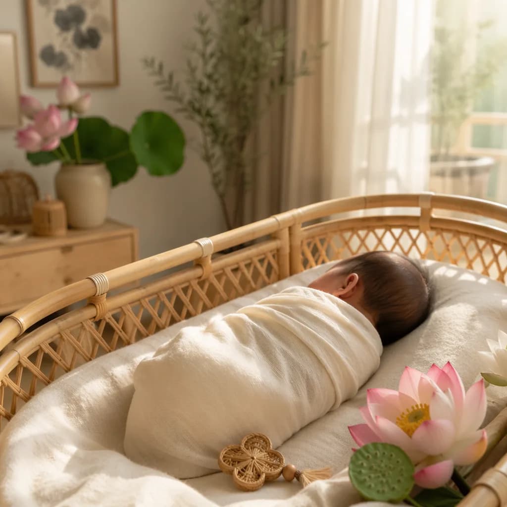 A peaceful Vietnamese-inspired nursery with a swaddled baby, lotus flowers, and warm morning light.