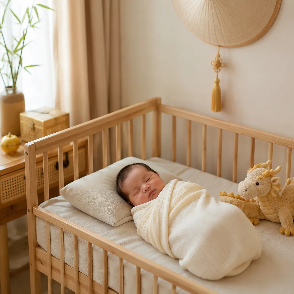Sleeping Vietnamese baby in a cozy pastel nursery with a plush dragon and golden keepsake accents.