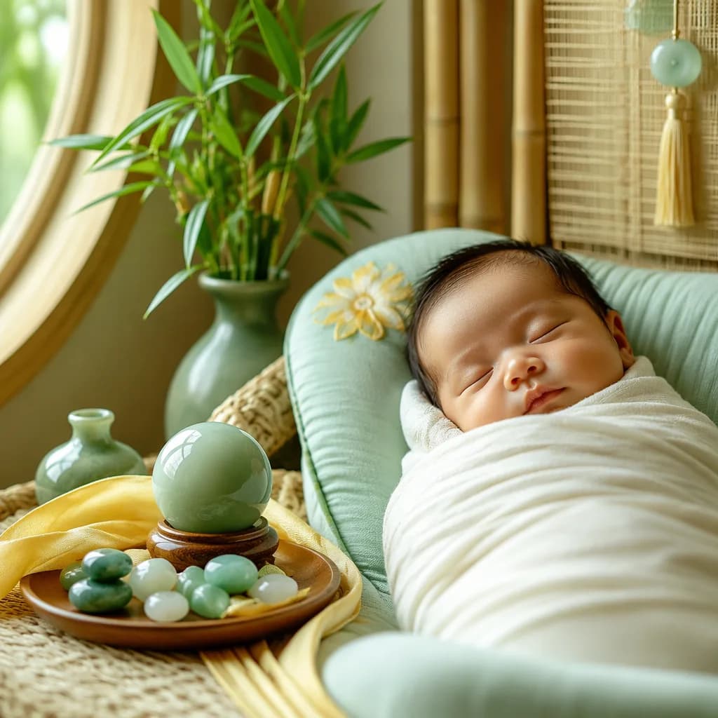 Sleeping baby in a soft Vietnamese-inspired nursery with jade green and golden accents.
