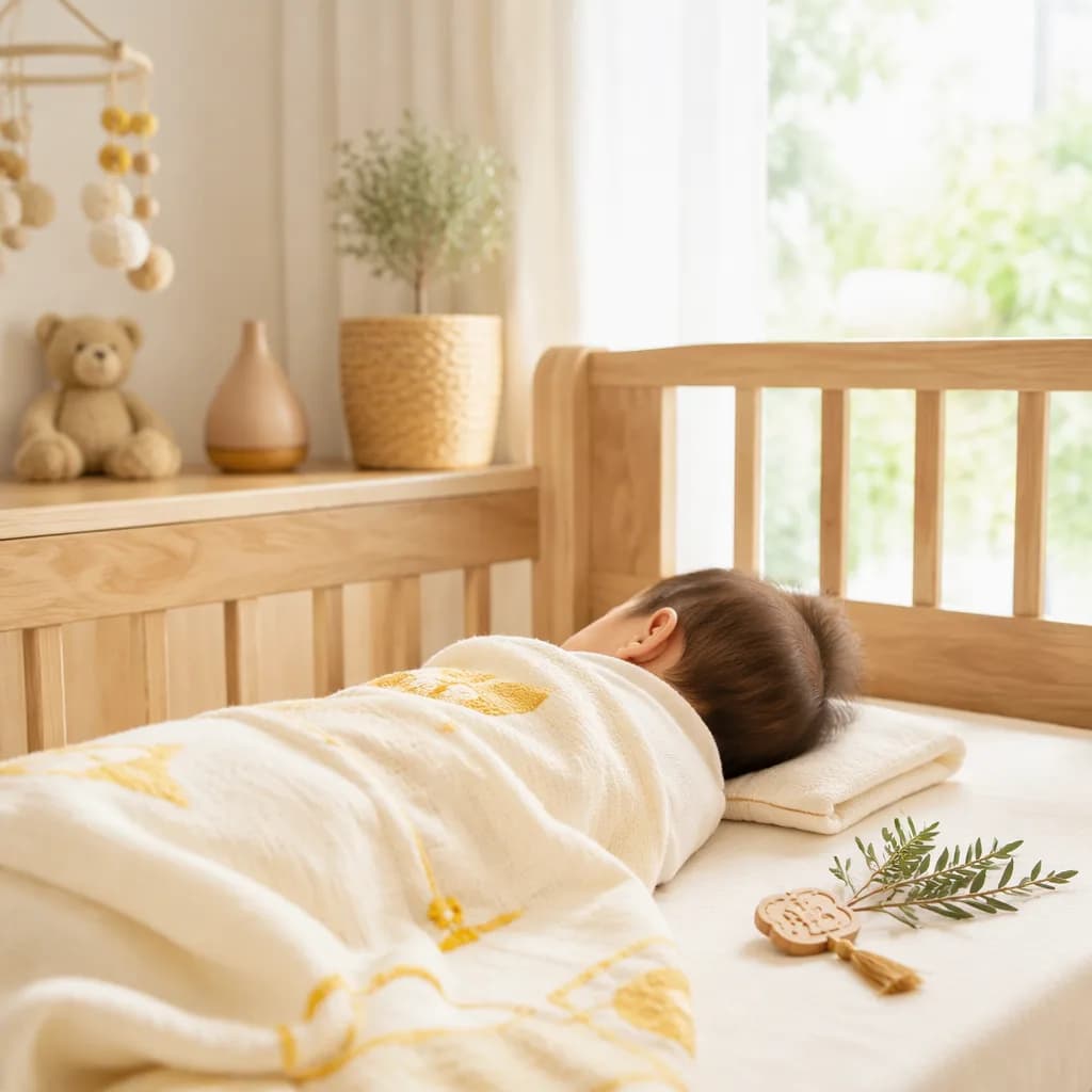 A peaceful Vietnamese baby nursery with a sleeping baby wrapped in soft cream and golden tones.