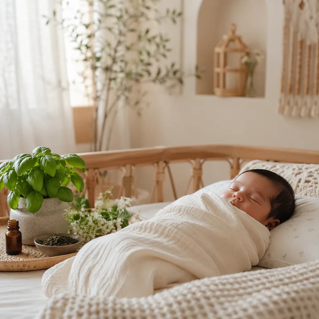 A softly lit nursery with a swaddled sleeping baby and fresh basil leaves.