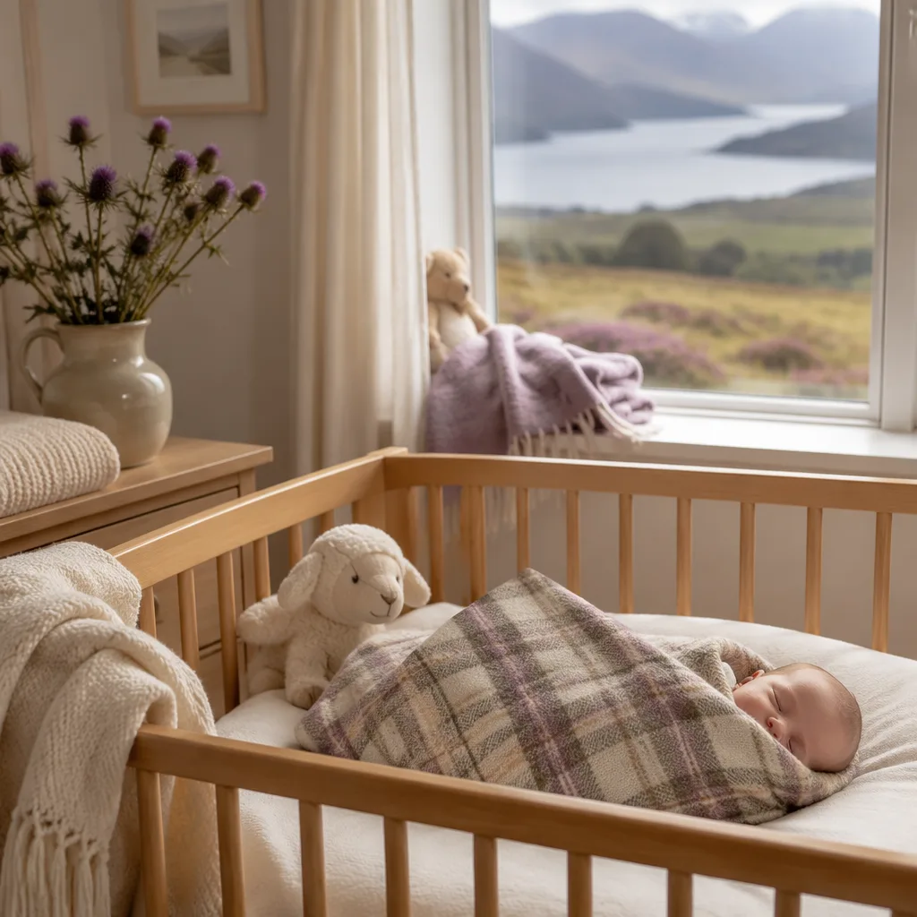 A cozy Scottish-inspired nursery with a sleeping baby in a tartan blanket and soft natural light.