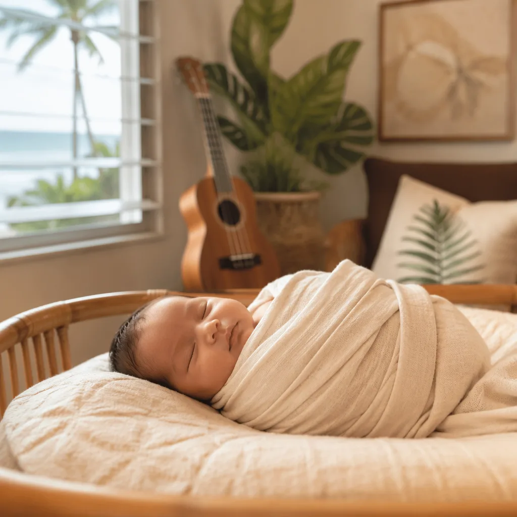 Sleeping swaddled baby in a soft Hawaiian-inspired nursery with a ukulele and greenery.