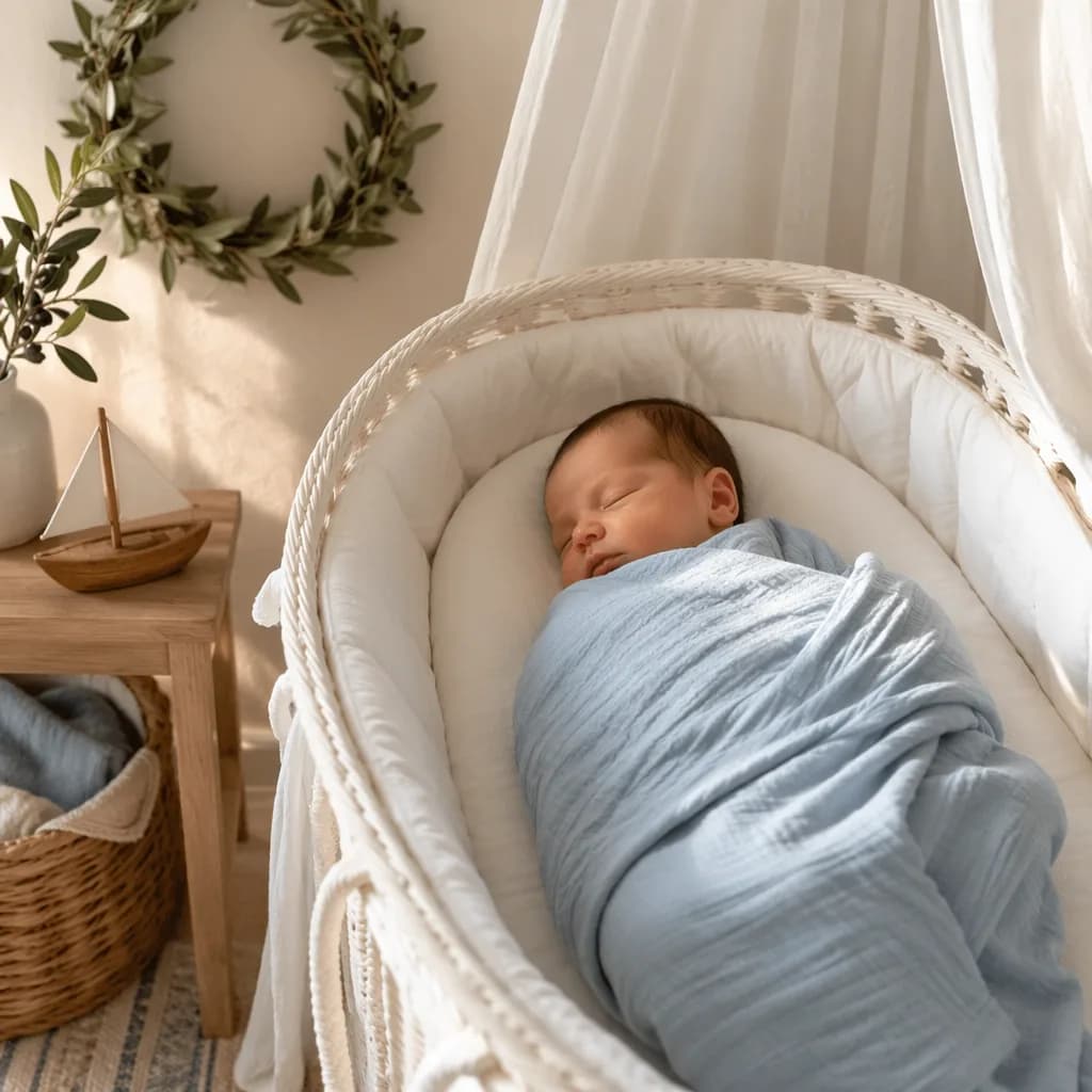 Sleeping newborn in a soft Greek-inspired nursery with olive branches and pastel blue linens.