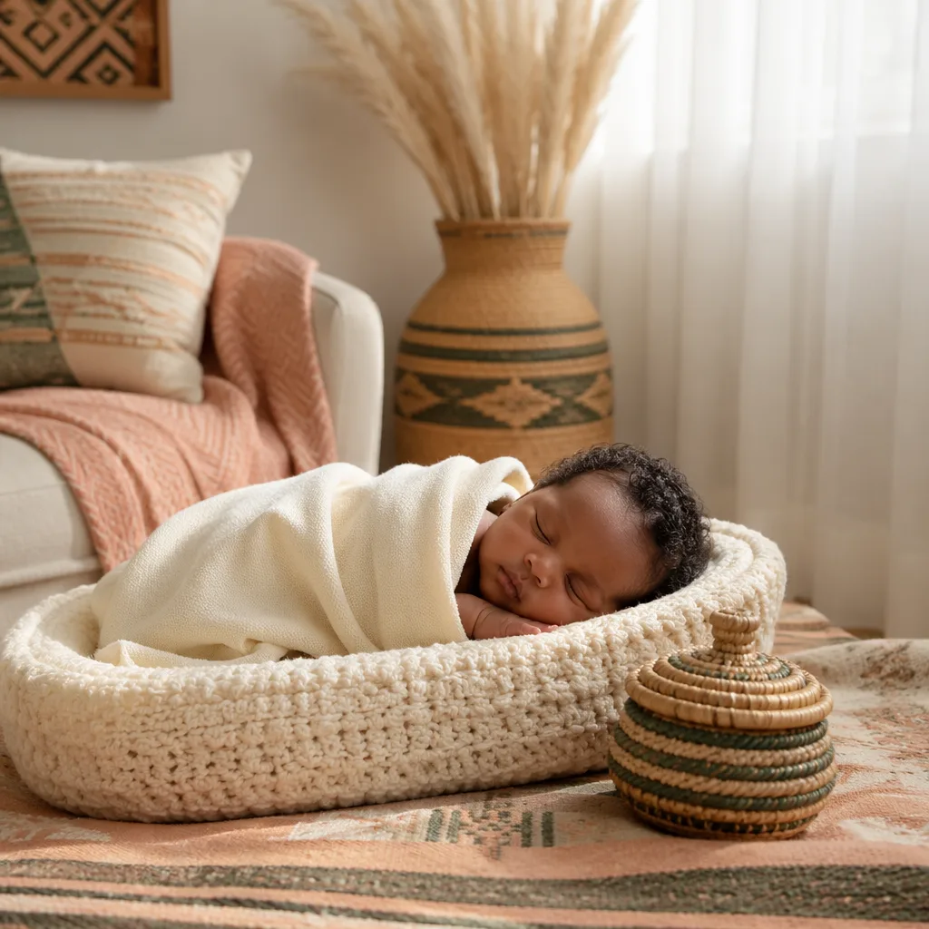Sleeping newborn in a soft Yoruba-inspired nursery with warm pastel light.