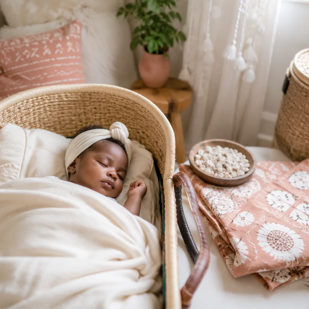 A sleeping newborn in a cozy Yoruba-inspired nursery with soft blankets and gentle natural light.