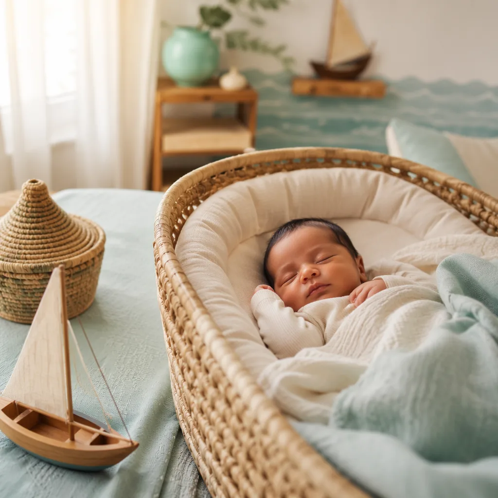 Sleeping newborn in a soft Swahili-inspired nursery with coastal pastel decor.