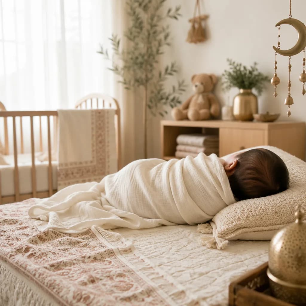 Soft pastel Urdu-inspired nursery with a swaddled sleeping baby in gentle natural light.