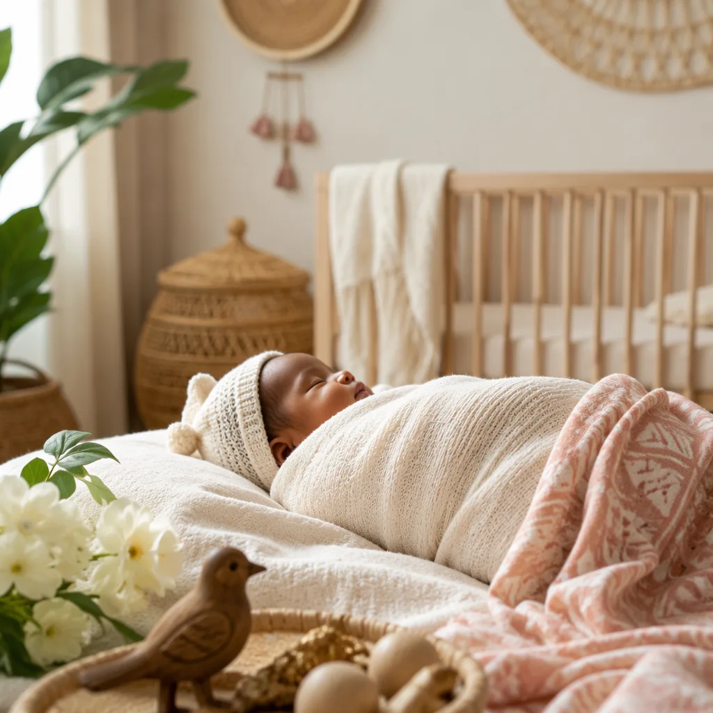 A peaceful swaddled baby in a softly lit nursery with Yoruba-inspired woven decor.