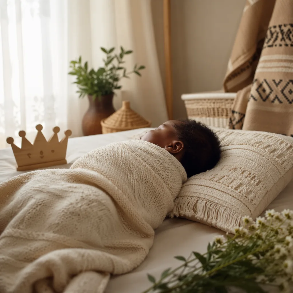 A serene Yoruba-inspired nursery with a swaddled sleeping baby, woven textiles, and soft natural light.