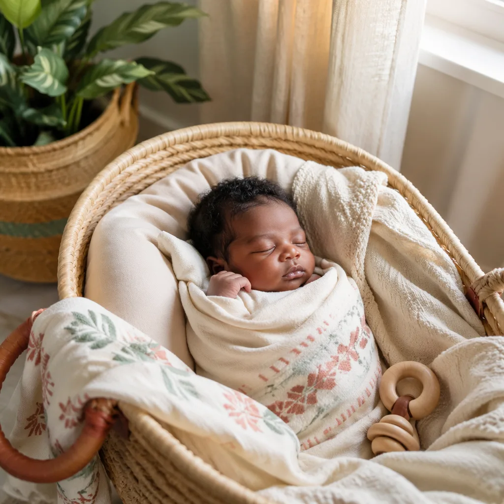 Peaceful Nigerian newborn in a soft pastel nursery with woven accents and gentle natural light.