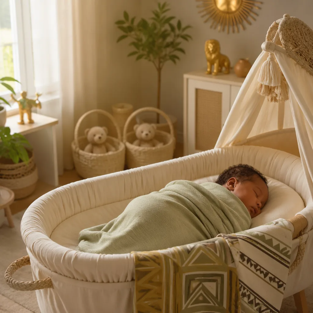 A serene Yoruba-inspired nursery with a sleeping newborn and subtle twin symbolism.
