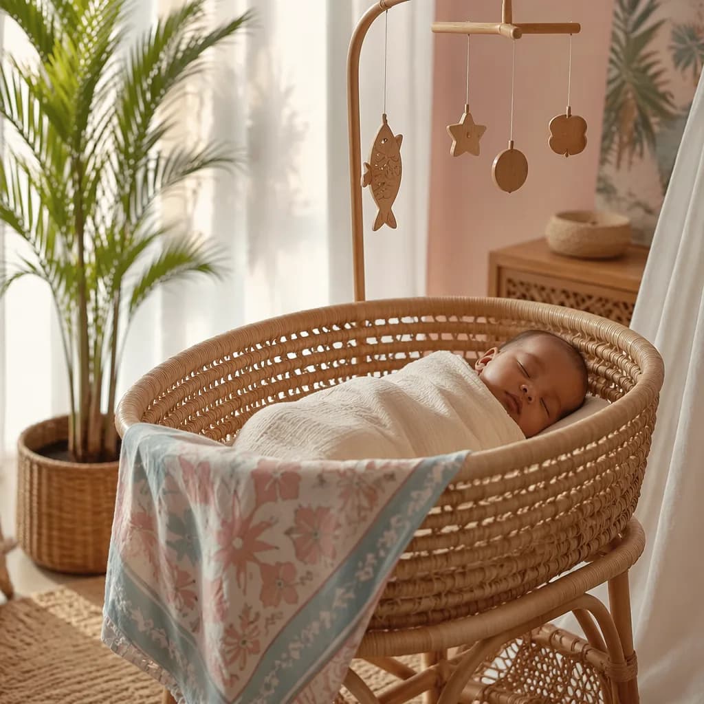 A peaceful baby sleeping in a warm pastel nursery with subtle Swahili coastal-inspired decor.