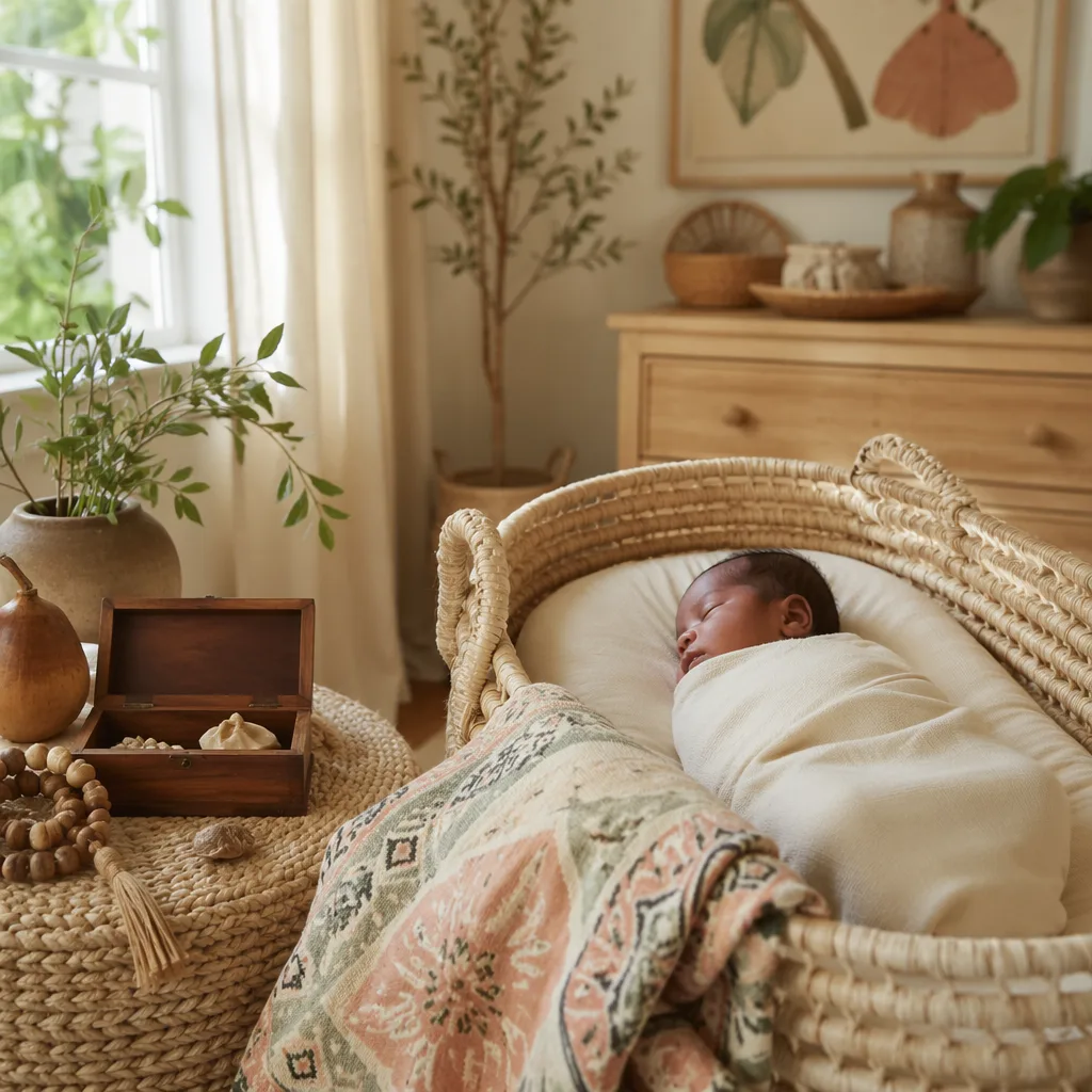 Sleeping newborn in a softly lit nursery with subtle Igbo-inspired textiles.