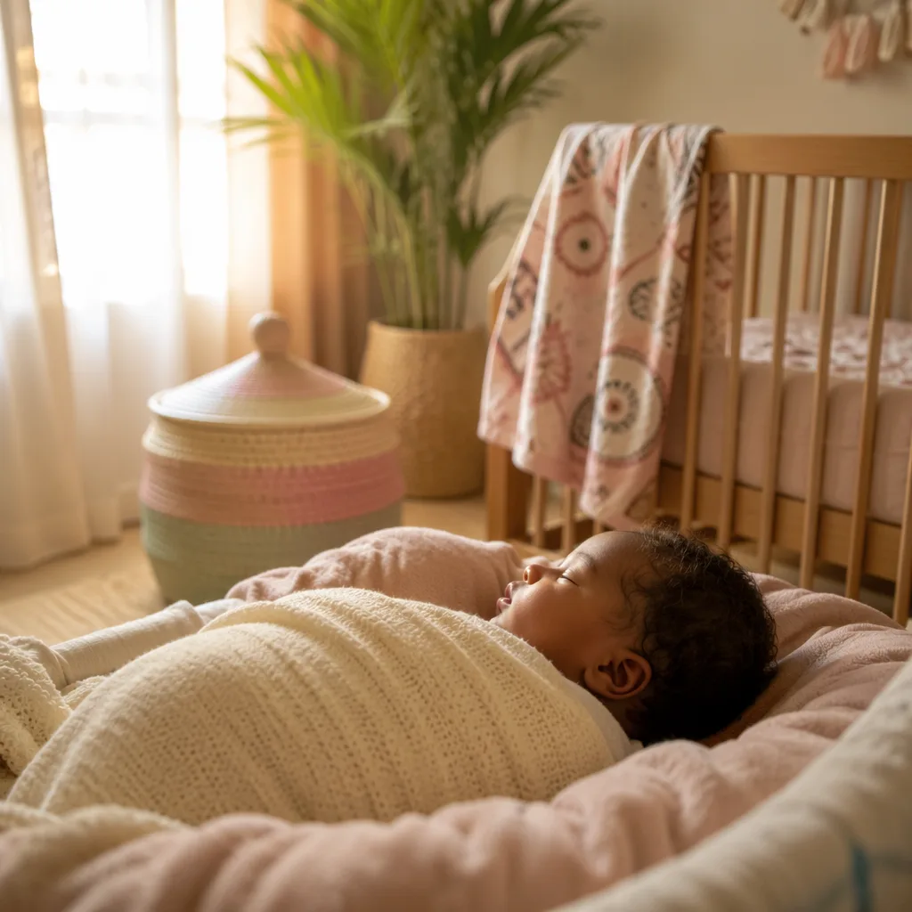 A serene Nigerian newborn in a softly lit pastel nursery with subtle West African accents.