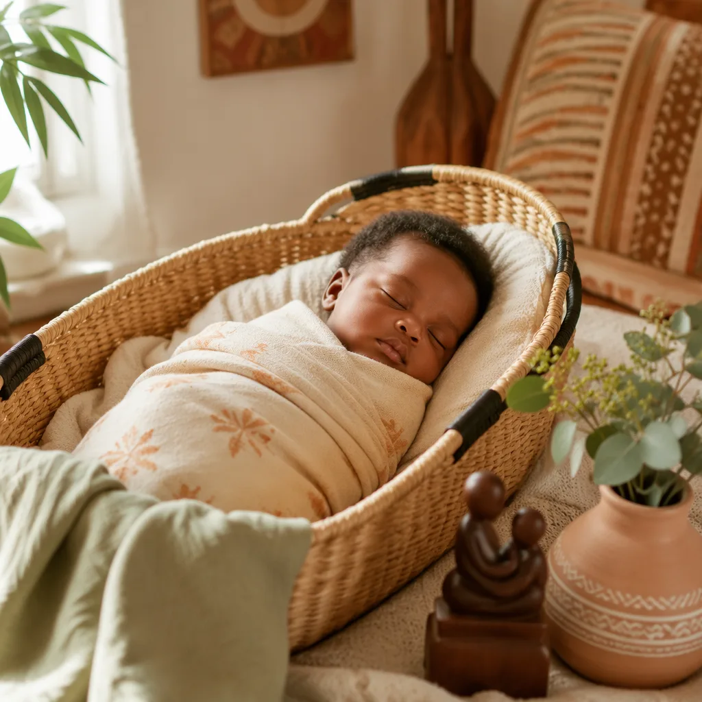 Peaceful Igbo baby sleeping in a soft pastel nursery with warm natural light.
