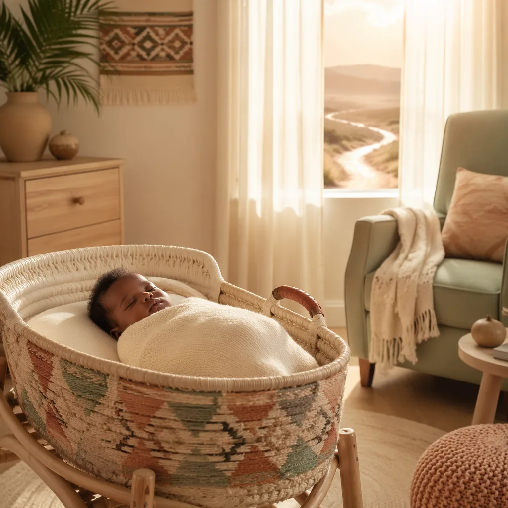 Peaceful newborn in a cozy pastel nursery with soft Igbo-inspired accents.