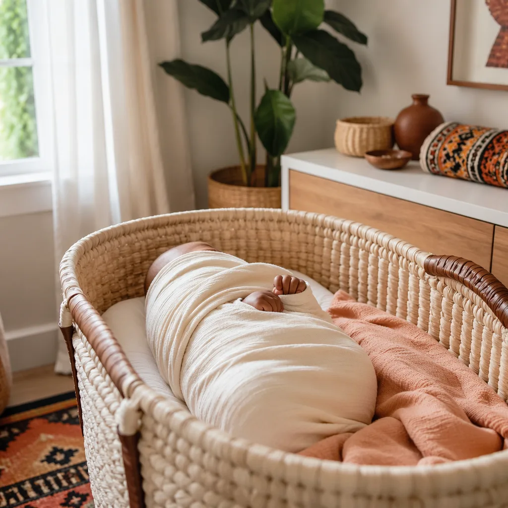 Sleeping swaddled baby in a warm pastel nursery with subtle Igbo-inspired textile accents.