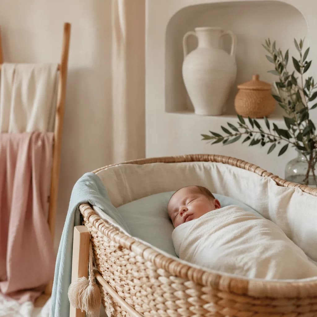 Sleeping newborn in a soft Greek-inspired nursery with olive branch details.