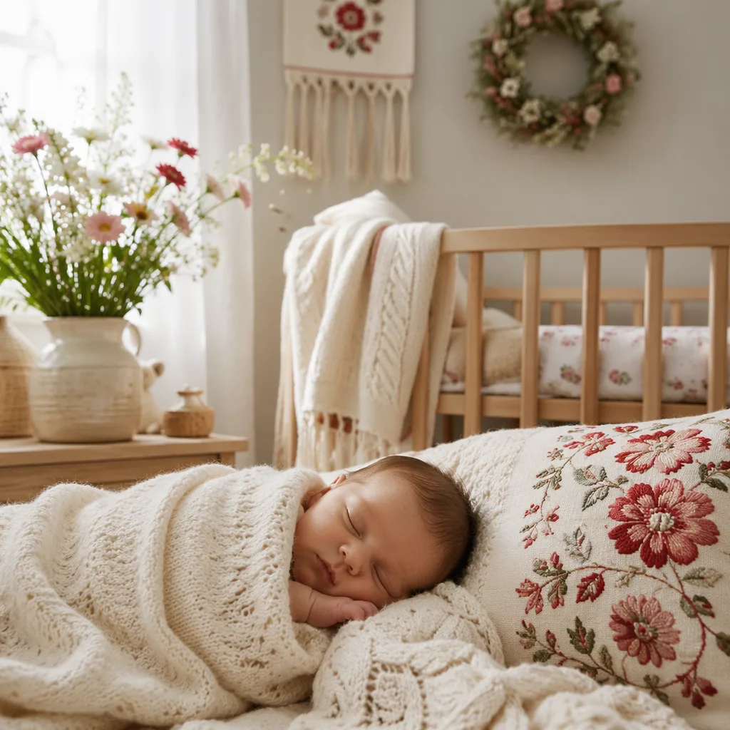 Cozy pastel Polish-inspired nursery with a swaddled sleeping baby and soft floral accents.