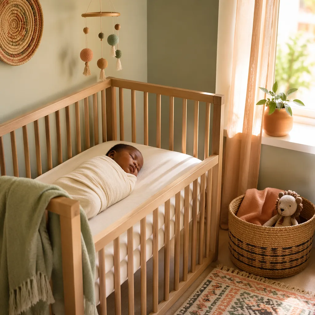 A softly lit Nigerian-inspired nursery with a sleeping swaddled baby and woven decor.
