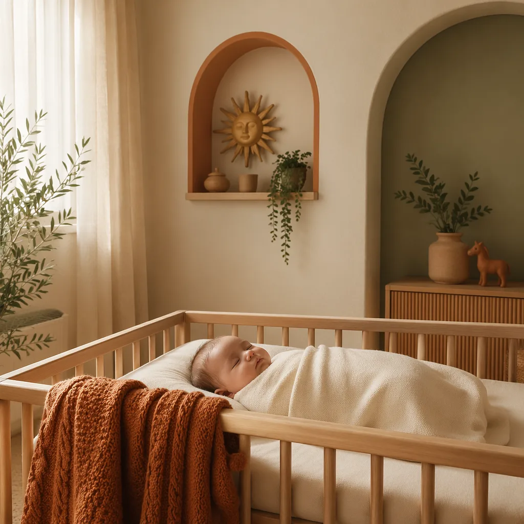 A softly lit cozy nursery with a swaddled baby and warm Spanish-inspired decor.