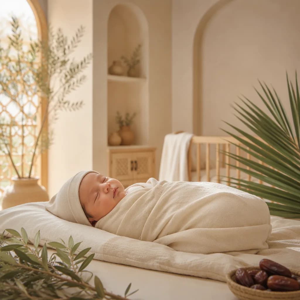 Peaceful swaddled baby in a soft Arabic-inspired nursery with olive branch accents.