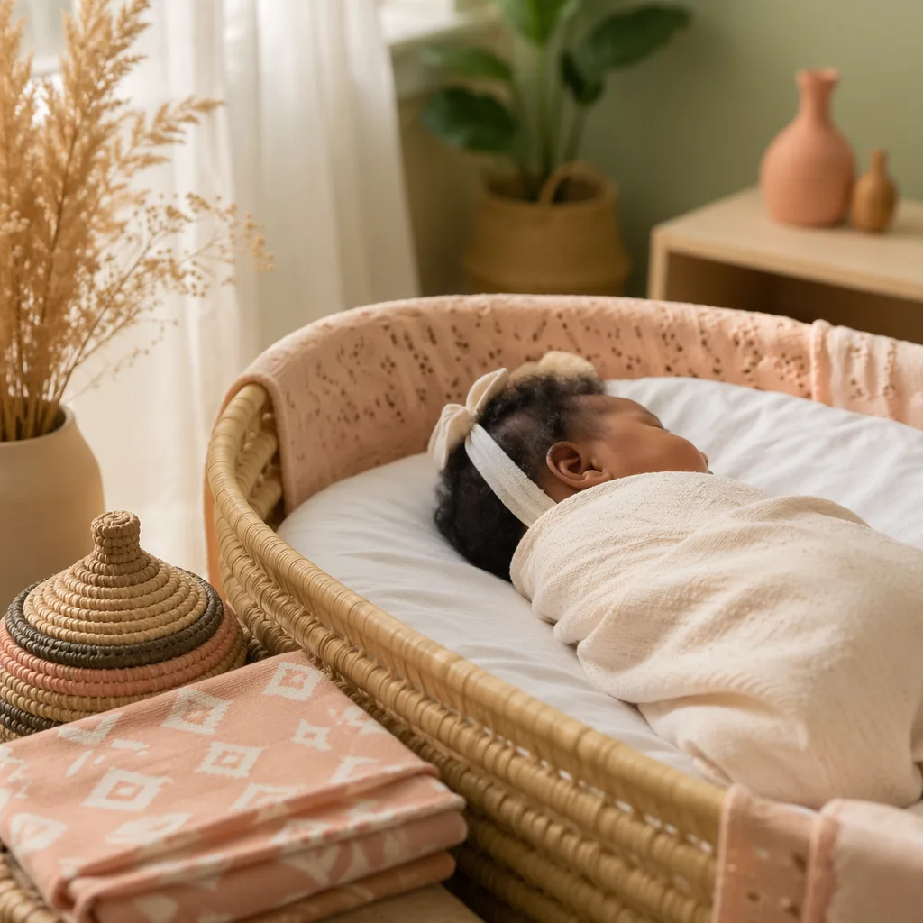A peaceful Igbo-inspired nursery with a swaddled sleeping baby, soft pastel textiles, and warm natural light.