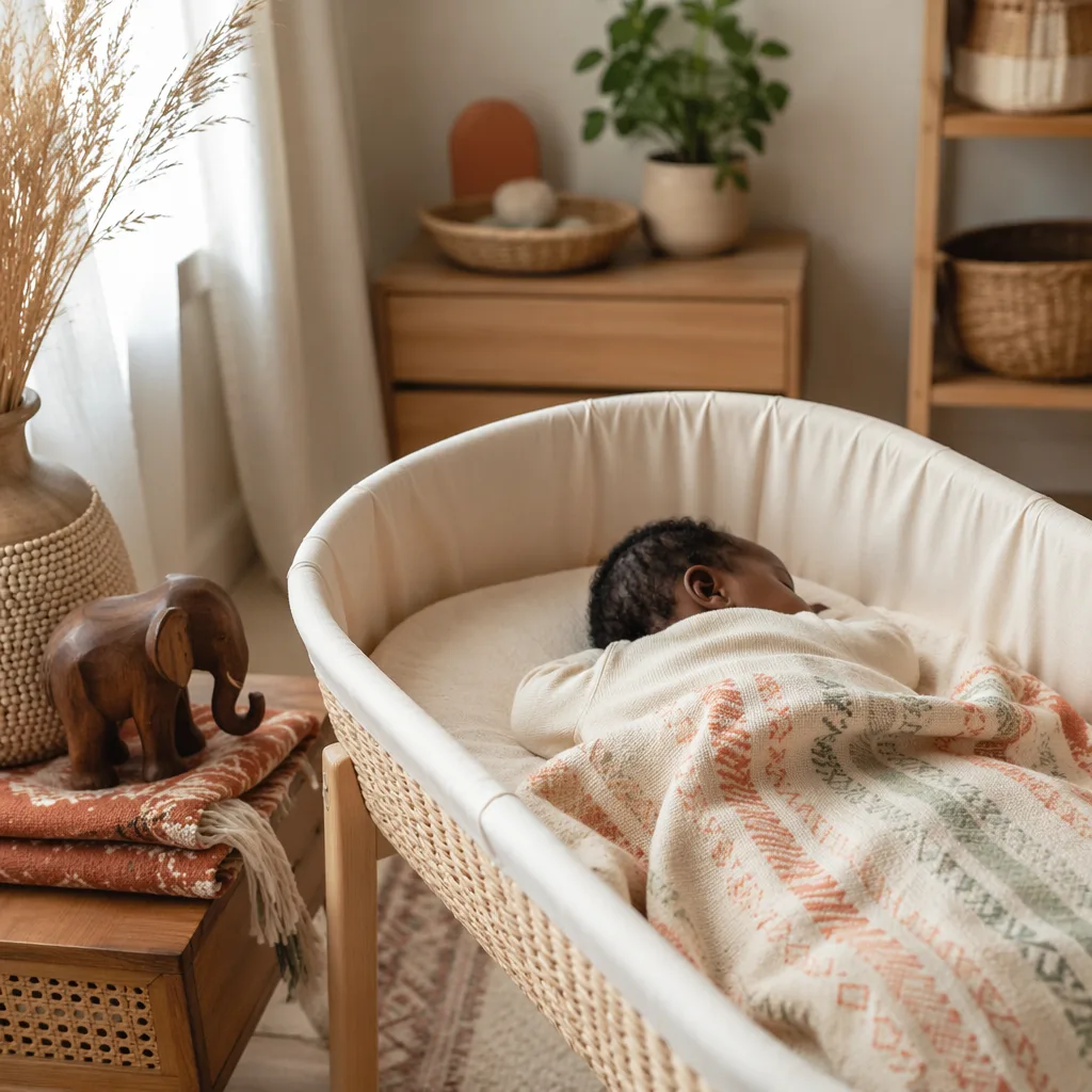 A peaceful Igbo baby in a softly lit nursery with woven textiles and a wooden elephant symbolizing strength.