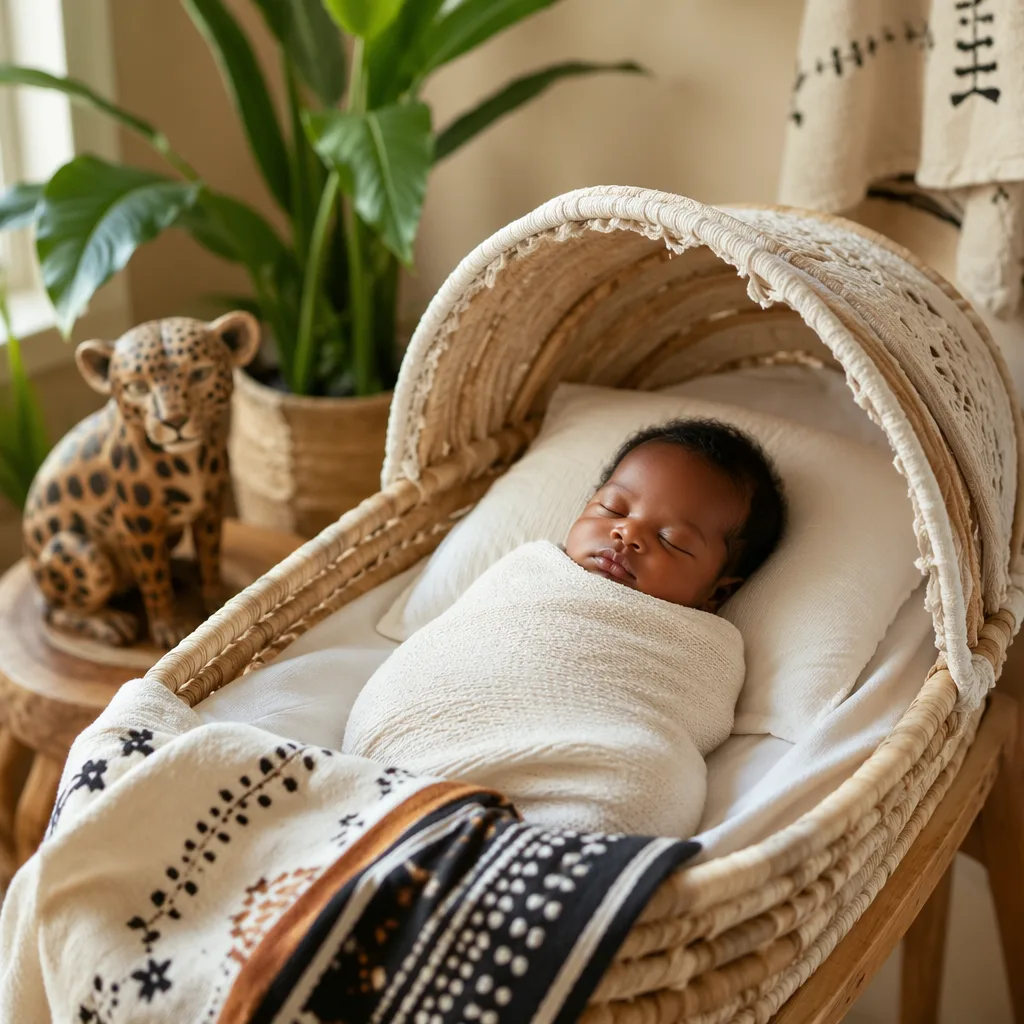 Sleeping baby in a soft Igbo-inspired nursery with warm light and symbolic strength decor.