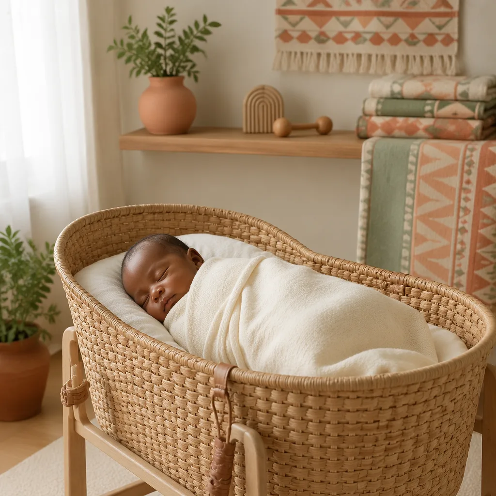 Sleeping newborn in a cozy nursery with soft Igbo-inspired textiles and warm natural light.