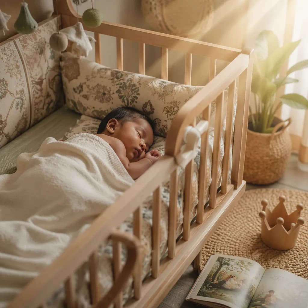 Peaceful Indonesian baby nursery with soft light, batik textiles, and a small crown toy.