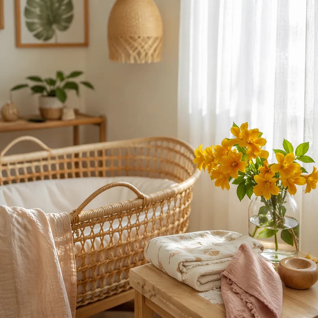 Soft Hawaiian-inspired nursery still life with golden ʻilima flowers beside a cozy bassinet.