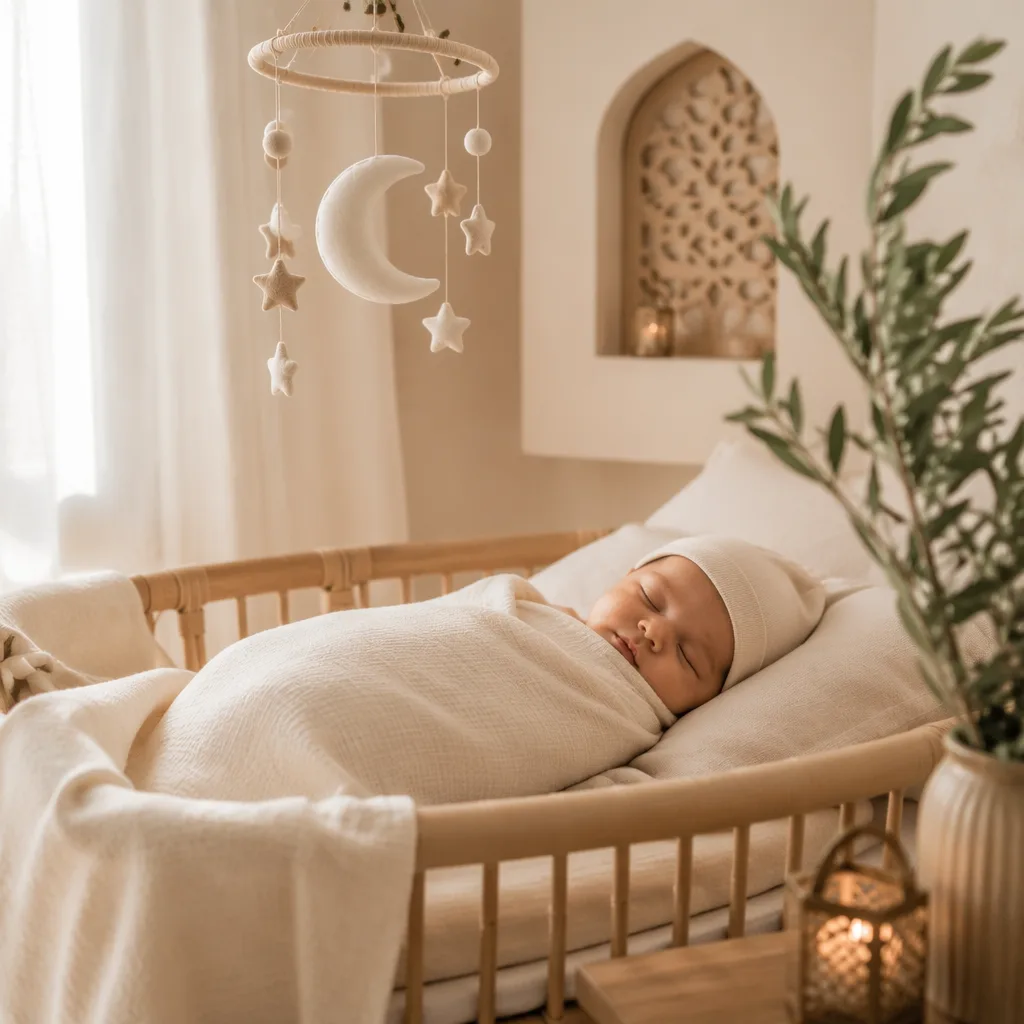 Sleeping baby in a soft pastel nursery with crescent moon and olive branch decor.