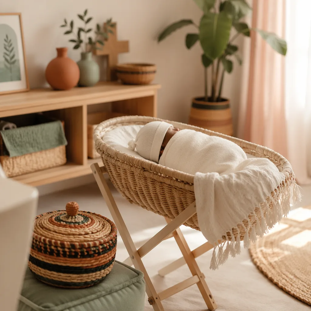 Sleeping newborn in a warm pastel nursery with soft woven accents.