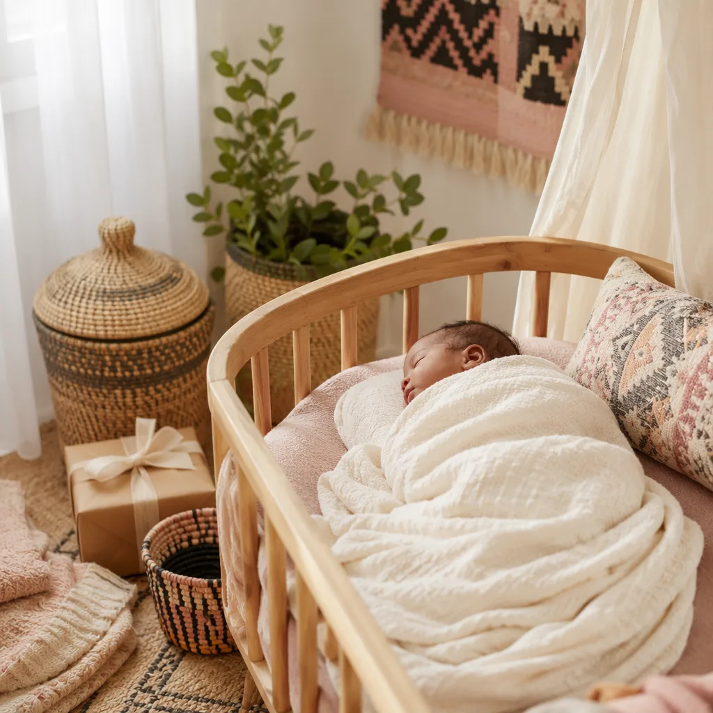 Sleeping baby in a softly lit nursery with a woven basket and small gift.