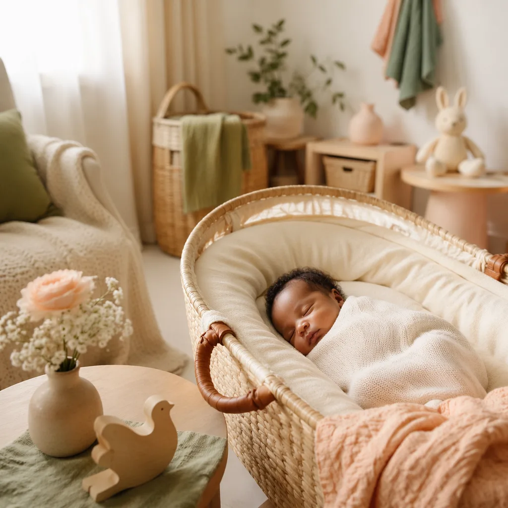 Peaceful Nigerian newborn in a soft pastel nursery with gentle natural light.