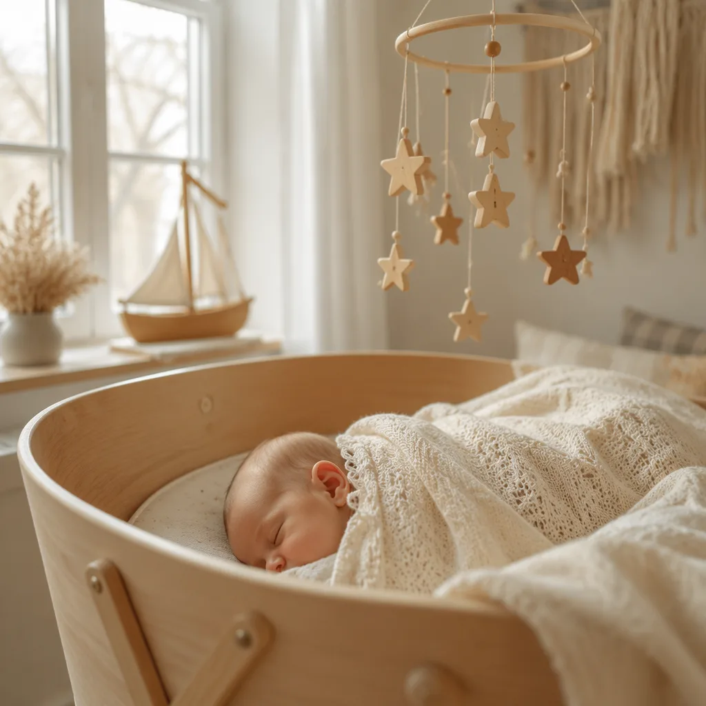 A sleeping baby in a cozy pastel nursery with a wooden star mobile.