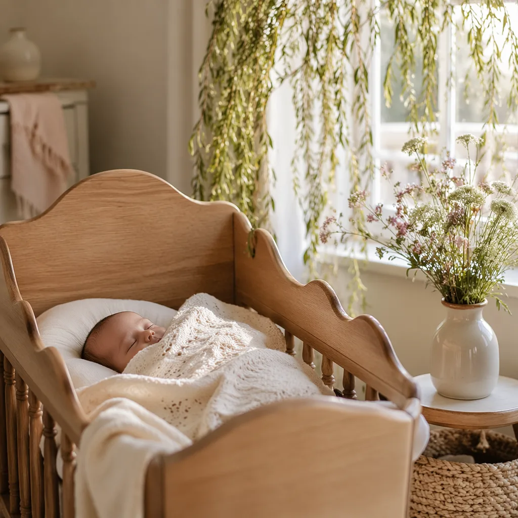 A softly lit pastel nursery with a sleeping baby, wildflowers, and willow branches.