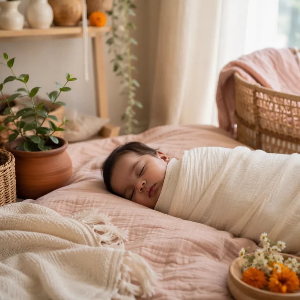 Peaceful Indian baby in a soft nursery with earthy decor and warm natural light.