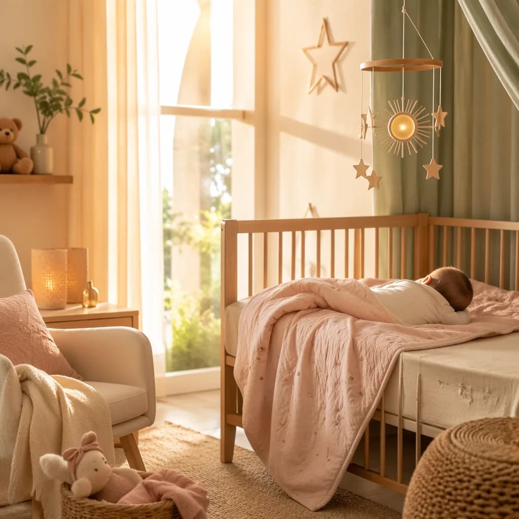 Soft pastel nursery with a sleeping baby in warm morning light