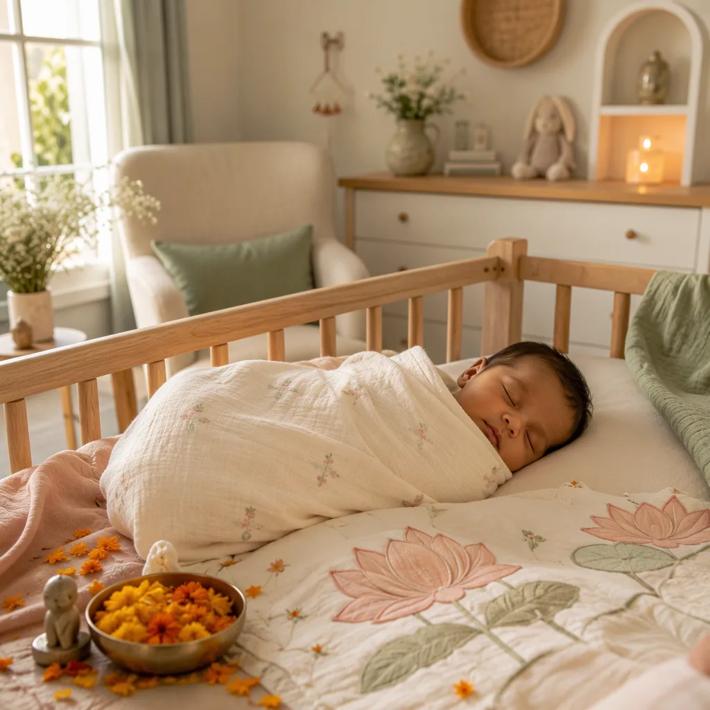 A peaceful swaddled baby in a soft pastel nursery with gentle Indian-inspired details.