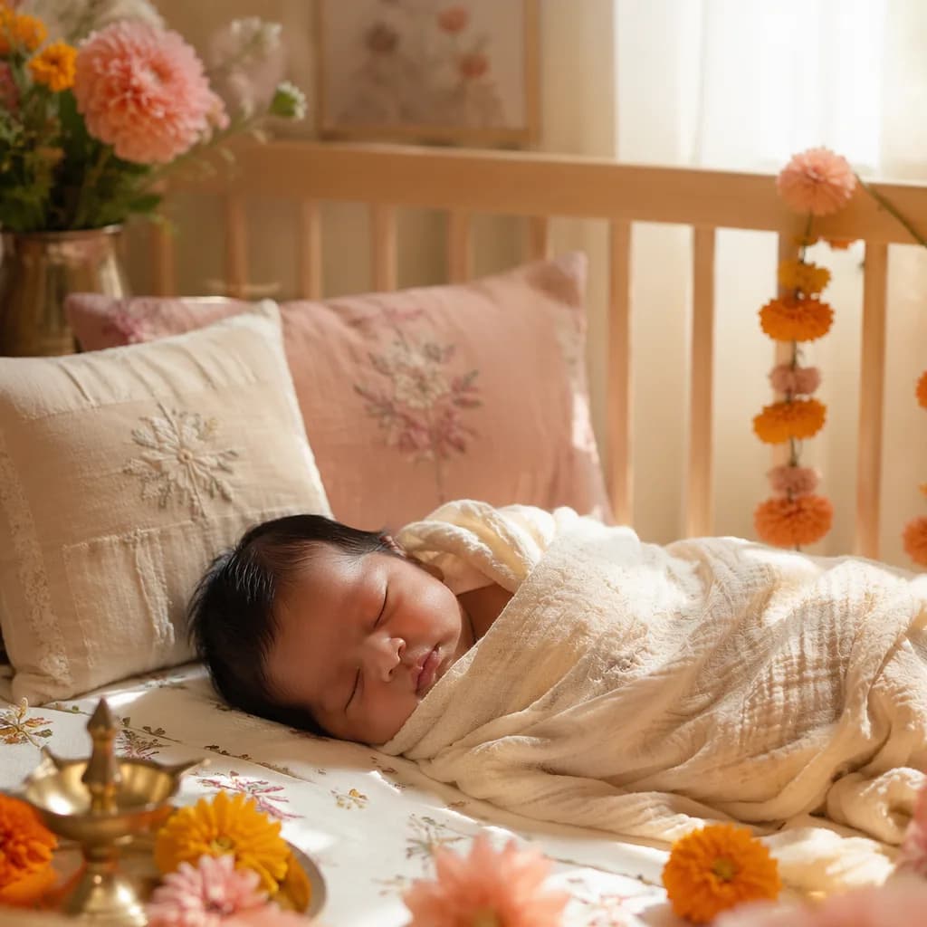 Sleeping newborn in a warm pastel nursery with soft Indian-inspired floral decor.
